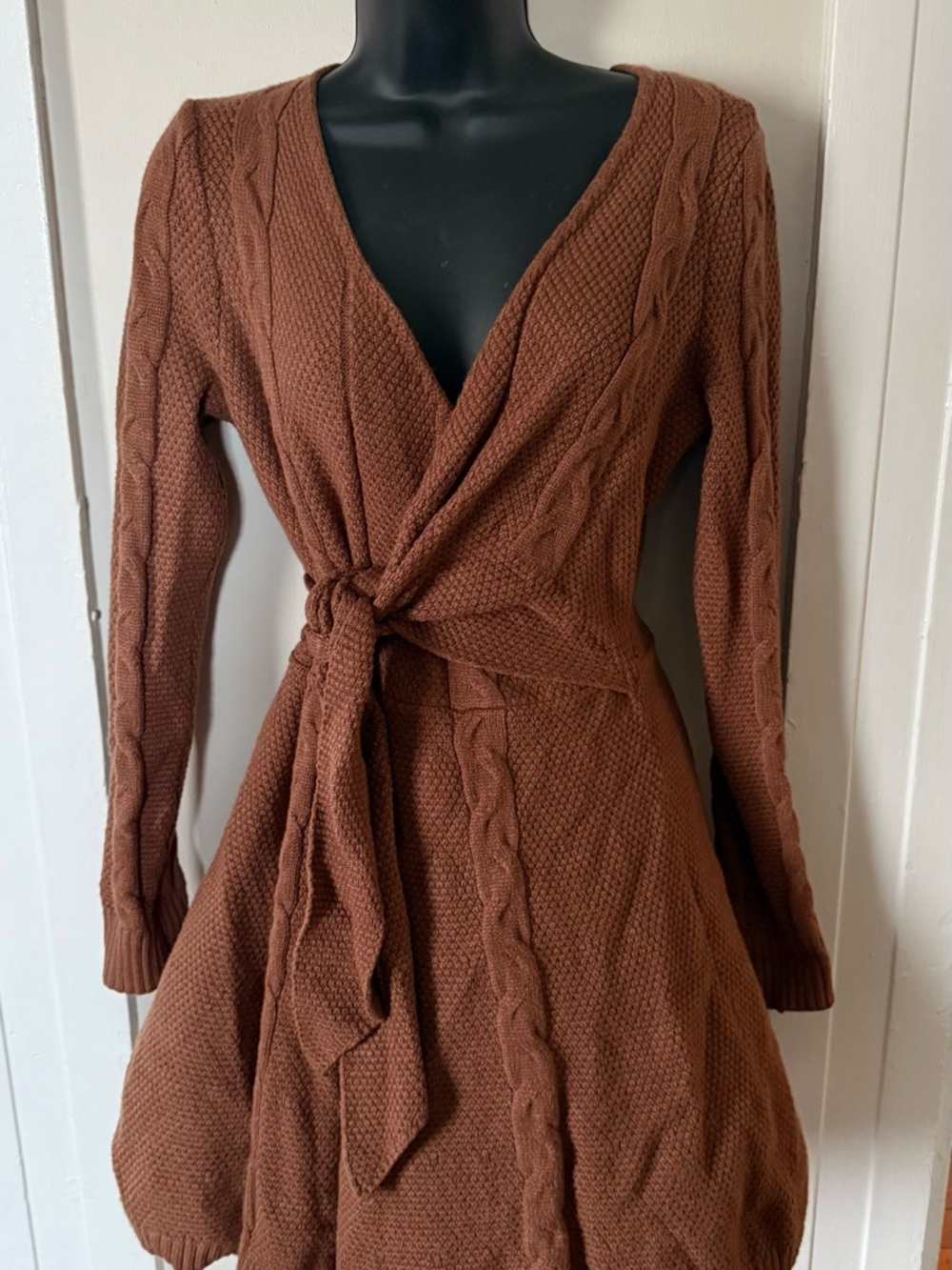 ANTHROPOLOGIE Graylin NWT Brown Cable-Knit Wrap Sweater Dress with Tie Waist SP